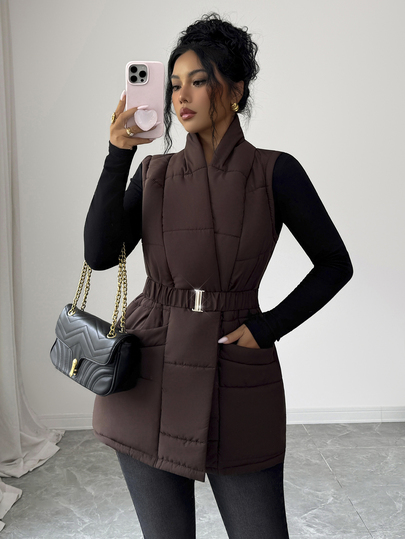 SHEIN Elenzya Women's Coffee Brown Belt Metal Buckle Design Waist-Cinching Elegant Commuter Casual Versatile Autumn/Winter New Thick Fluffy Padded Coat