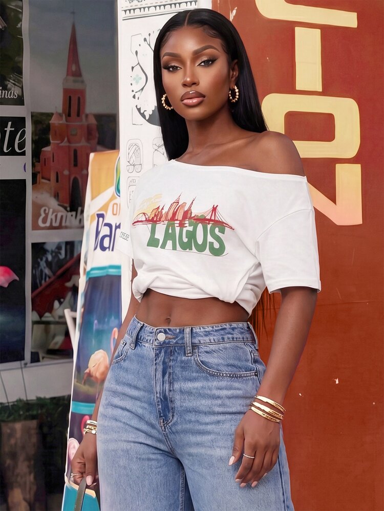 NYA SZN Top Color Block Short Sleeve Ribbed Knit Trim Printed Graphic Tee Lagos Center Of Excellence Oversized Streetwear Y2k Casual Chic White Summer Fall - Apricot - View 3