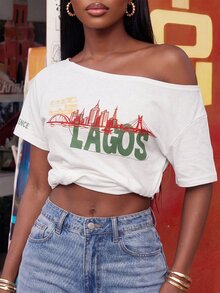 NYA SZN Top 配色拼接短袖羅紋針織飾邊印花圖案 T-shirt Lagos Center Of Excellence 大廓形街頭風 Y2K 休閒時尚 白色 夏季秋季 - 杏色 - 查看 5