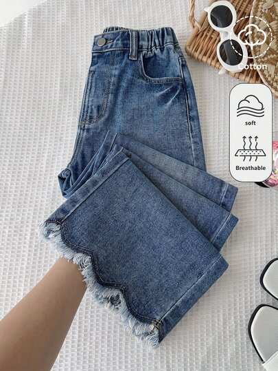 SHEIN Girls Y2K Retro Washed Denim Wide Leg Pants High Waist Loose Floor Length Streetwear Back To School Vacation Summer Autumn Casual Style Cool Streetwear Spring Summer Blue Wavy Edge Embroidery