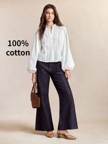 BizChic Autumn/Winter White Stand Collar Button-Front Lace Trim Patchwork Striped Lantern Sleeve Blouse, French Style, Elegant Office Commute Business Workplace Formal Attire, Halloween Holiday Urban Daily Casual Dating Birthday Party Vacation Countryside Style Back To School Church Special Occasion Wedding Guest Vintage Vacation Style - White - View 4