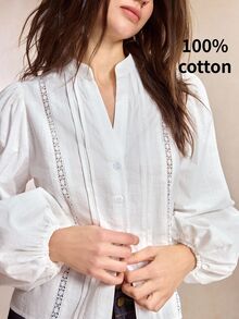 BizChic Autumn/Winter White Stand Collar Button-Front Lace Trim Patchwork Striped Lantern Sleeve Blouse, French Style, Elegant Office Commute Business Workplace Formal Attire, Halloween Holiday Urban Daily Casual Dating Birthday Party Vacation Countryside Style Back To School Church Special Occasion Wedding Guest Vintage Vacation Style - White - View 2