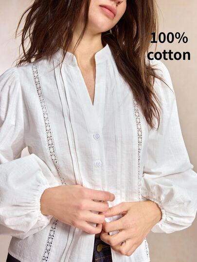 BizChic Autumn/Winter White Stand Collar Button-Front Lace Trim Patchwork Striped Lantern Sleeve Blouse, French Style, Elegant Office Commute Business Workplace Formal Attire, Halloween Holiday Urban Daily Casual Dating Birthday Party Vacation Countryside Style Back To School Church Special Occasion Wedding Guest Vintage Vacation Style