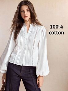 BizChic Autumn/Winter White Stand Collar Button-Front Lace Trim Patchwork Striped Lantern Sleeve Blouse, French Style, Elegant Office Commute Business Workplace Formal Attire, Halloween Holiday Urban Daily Casual Dating Birthday Party Vacation Countryside Style Back To School Church Special Occasion Wedding Guest Vintage Vacation Style - White - View 6