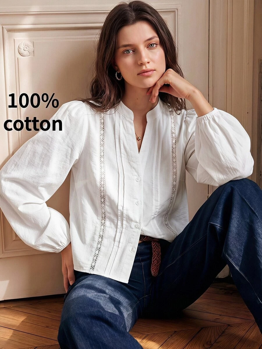 BizChic Autumn/Winter White Stand Collar Button-Front Lace Trim Patchwork Striped Lantern Sleeve Blouse, French Style, Elegant Office Commute Business Workplace Formal Attire, Halloween Holiday Urban Daily Casual Dating Birthday Party Vacation Countryside Style Back To School Church Special Occasion Wedding Guest Vintage Vacation Style - White - View 1