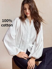 BizChic Autumn/Winter White Stand Collar Button-Front Lace Trim Patchwork Striped Lantern Sleeve Blouse, French Style, Elegant Office Commute Business Workplace Formal Attire, Halloween Holiday Urban Daily Casual Dating Birthday Party Vacation Countryside Style Back To School Church Special Occasion Wedding Guest Vintage Vacation Style - White - View 7