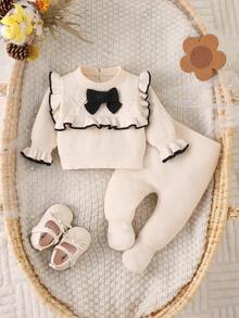 SHEIN 2 Pcs Baby Girls Round Collar Knit Sweater And Matching Pants Set,Fashion Cute Knitted 3D Bow,Soft Autumn Clothes For Baby Shower Gift,Autumn Winter - Beige - View 2