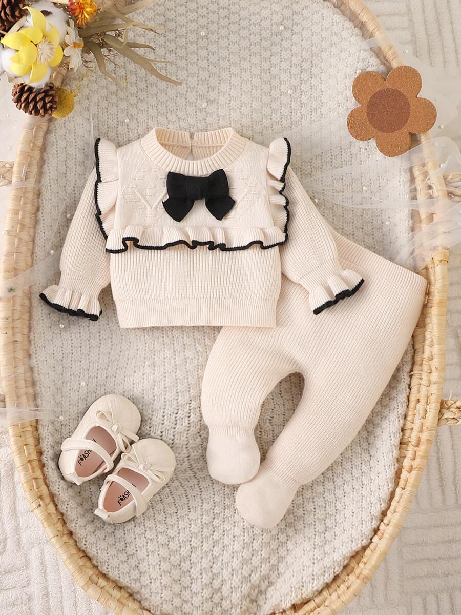 SHEIN 2 Pcs Baby Girls Round Collar Knit Sweater And Matching Pants Set,Fashion Cute Knitted 3D Bow,Soft Autumn Clothes For Baby Shower Gift,Autumn Winter