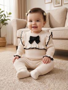 SHEIN 2 Pcs Baby Girls Round Collar Knit Sweater And Matching Pants Set,Fashion Cute Knitted 3D Bow,Soft Autumn Clothes For Baby Shower Gift,Autumn Winter - Beige - View 11