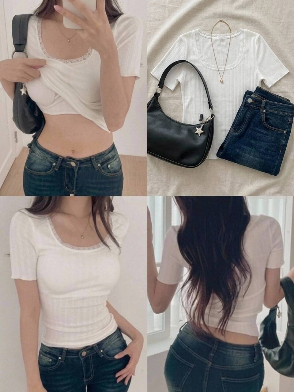 Women's Solid Color Patchwork Lace Trim Square Neck Slim Fit Short Sleeve Casual Vacation Spring Summer T-Shirt T-Shirt