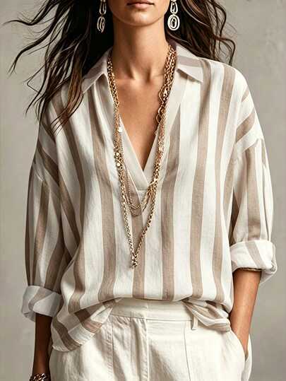 LUMIGAL Blusa de mujer estilo Old Money de principios de otoño con diseño de cuello en V y patrón a rayas, adecuada para ir al trabajo, uso casual diario, camisa de moda versátil