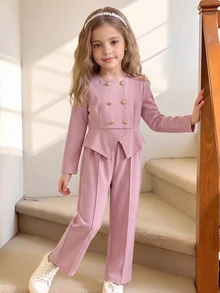 Elladie kids 女童粉色雙排扣西裝外套與寬腿長褲套裝，年輕女孩春秋優雅長袖套裝 2 件套 - 粉色 - 查看 4