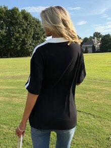Sydney Algeri Contrast Color Embroidered Knit Polo Shirt For Women,Summer Top - Black and White - View 2