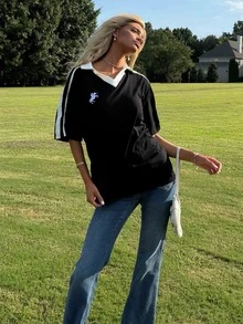 Sydney Algeri Contrast Color Embroidered Knit Polo Shirt For Women,Summer Top - Black and White - View 3