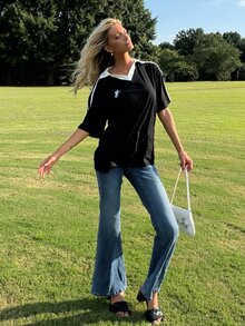 Sydney Algeri Contrast Color Embroidered Knit Polo Shirt For Women,Summer Top - Black and White - View 1