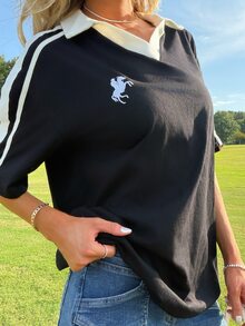 Sydney Algeri Contrast Color Embroidered Knit Polo Shirt For Women,Summer Top - Black and White - View 6