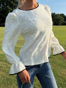 Sydney Algeri Women's Floral Embroidered Trim Round Neck Flare Sleeve Elegant Blouse Long Sleeve Top School - Apricot - View 6