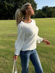 Sydney Algeri Women's Floral Embroidered Trim Round Neck Flare Sleeve Elegant Blouse Long Sleeve Top School - Apricot - View 3