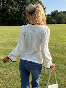 Sydney Algeri Women's Floral Embroidered Trim Round Neck Flare Sleeve Elegant Blouse Long Sleeve Top School - Apricot - View 2