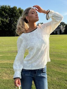 Sydney Algeri Women's Floral Embroidered Trim Round Neck Flare Sleeve Elegant Blouse Long Sleeve Top School - Apricot - View 5