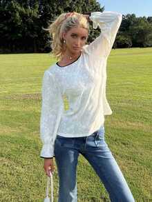 Sydney Algeri Women's Floral Embroidered Trim Round Neck Flare Sleeve Elegant Blouse Long Sleeve Top School - Apricot - View 1