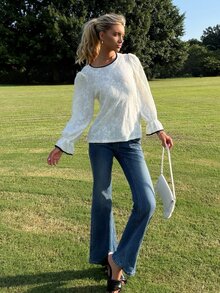 Sydney Algeri Women's Floral Embroidered Trim Round Neck Flare Sleeve Elegant Blouse Long Sleeve Top School - Apricot - View 4