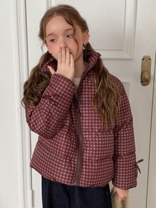 Hapijoa Jaket Kotak-kotak Modis Musim Dingin untuk Remaja Putri - Coklat - View 8