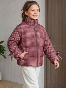 Hapijoa Jaket Kotak-kotak Modis Musim Dingin untuk Remaja Putri - Coklat - View 14