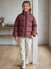 Hapijoa Jaket Kotak-kotak Modis Musim Dingin untuk Remaja Putri - Coklat - View 11