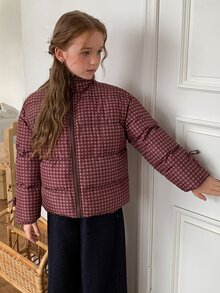 Hapijoa Jaket Kotak-kotak Modis Musim Dingin untuk Remaja Putri - Coklat - View 7