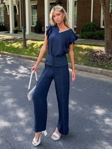 Sydney Algeri Women's 2 Pieces Casual Set With V-Neck Ruffle Flutter Sleeve Top And Long Pants For Summer Vacation, Commute And Office Wear - Navy Blue - View 1