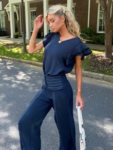 Sydney Algeri Women's 2 Pieces Casual Set With V-Neck Ruffle Flutter Sleeve Top And Long Pants For Summer Vacation, Commute And Office Wear - Navy Blue - View 3
