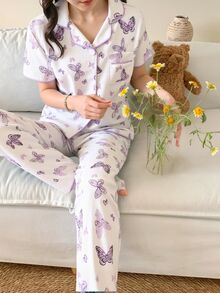 SHEIN Tween Girl Soft Textured Fabric Purple Butterfly Print Pants & Short Sleeve Loose Casual 2Pcs Loungewear Set,Summer,Travel - Apricot - View 8