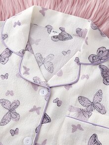 SHEIN Tween Girl Soft Textured Fabric Purple Butterfly Print Pants & Short Sleeve Loose Casual 2Pcs Loungewear Set,Summer,Travel - Apricot - View 6