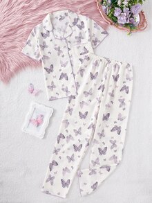 SHEIN Tween Girl Soft Textured Fabric Purple Butterfly Print Pants & Short Sleeve Loose Casual 2Pcs Loungewear Set,Summer,Travel - Apricot - View 5