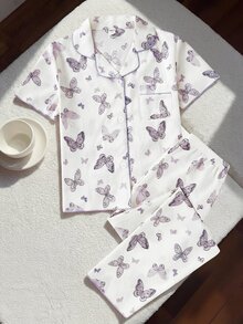 SHEIN Tween Girl Soft Textured Fabric Purple Butterfly Print Pants & Short Sleeve Loose Casual 2Pcs Loungewear Set,Summer,Travel - Apricot - View 3