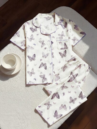 SHEIN Tween Girl 柔软纹理面料紫色蝴蝶印花长裤和短袖宽松休闲 2 件套家居服套装