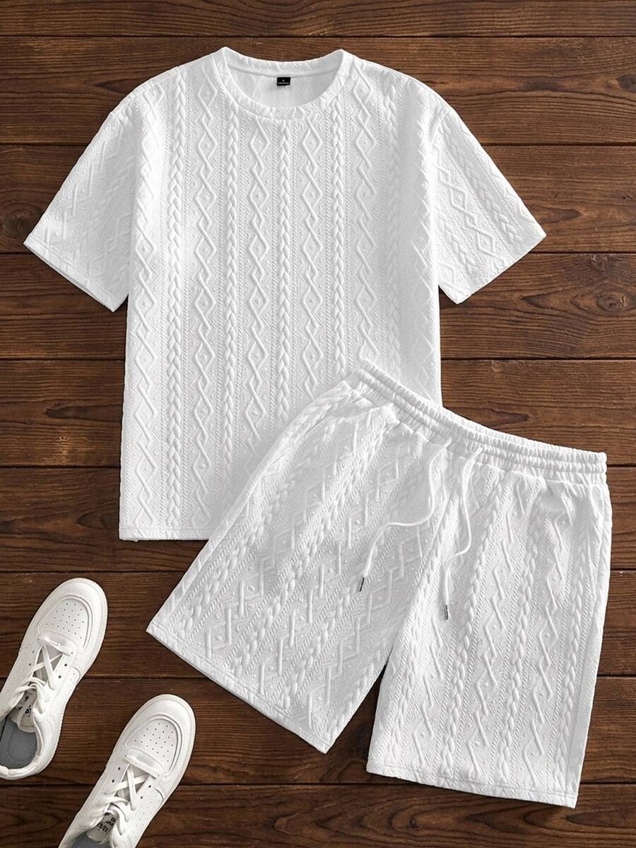 HIMLAND Men's Versatile Crew Neck Jacquard Short Sleeve Knit T-Shirt And Drawstring Waist Pocket Shorts 2-Piece Set