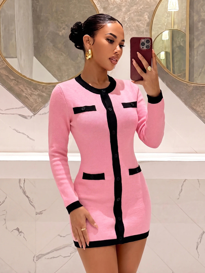 Slaydiva Contrast Trim Button Front Sweater Dress