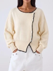 Maija Women's Autumn/Winter Casual Elegant Contrast Trim Cardigan Office Everyday Black And White - White - View 1