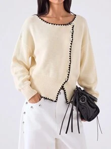 Maija Women's Autumn/Winter Casual Elegant Contrast Trim Cardigan Office Everyday Black And White - White - View 4