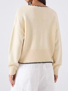 Maija Women's Autumn/Winter Casual Elegant Contrast Trim Cardigan Office Everyday Black And White - White - View 2