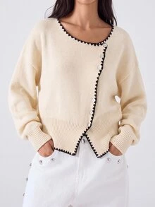 Maija Women's Autumn/Winter Casual Elegant Contrast Trim Cardigan Office Everyday Black And White - White - View 3