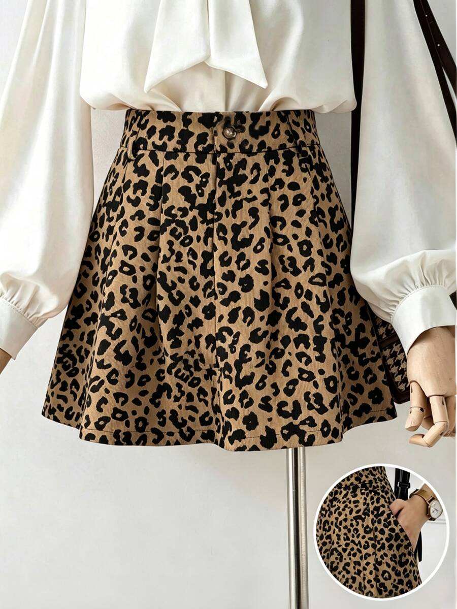 SHEIN LUNE Beige Print Corduroy Skirt Brunch Date Office Autumn Vintage Elegant - Multicolor - View 1