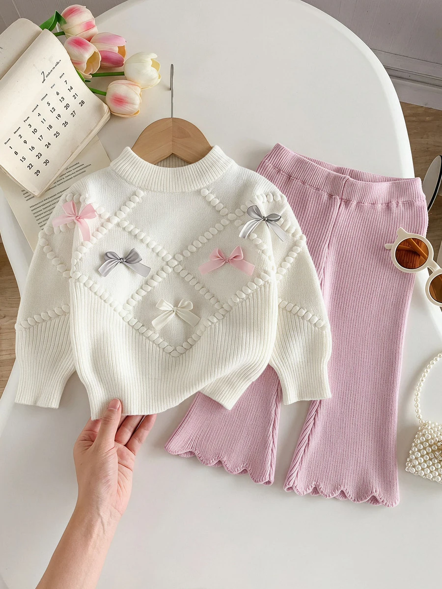 SHEIN Baby Girl 2 Pieces Set, Infant Knitted Sweater With Cute Bow And Flare Pants, Soft And Comfortable, Suitable For Autumn/Winter, Princess Elegant Style, Perfect For Parties, Outings, And Various Occasions - White - View 1