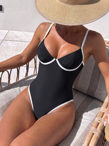 SHEIN Swim 棕色 Monokini 全新纯色软杯带钢圈高开裆拼接拼色泳衣 - 黑色 - 查看 8