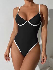 SHEIN Swim 棕色 Monokini 全新纯色软杯带钢圈高开裆拼接拼色泳衣 - 黑色 - 查看 5