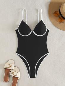 SHEIN Swim 棕色 Monokini 全新纯色软杯带钢圈高开裆拼接拼色泳衣 - 黑色 - 查看 6