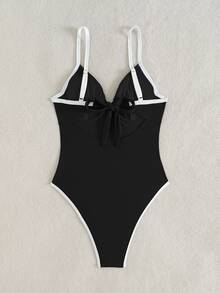 SHEIN Swim 棕色 Monokini 全新纯色软杯带钢圈高开裆拼接拼色泳衣 - 黑色 - 查看 7