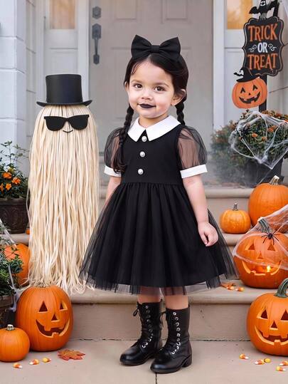 SHEIN Vestido elegante casual gótico para niña bebé con cuello Peter Pan de color contrastante, mangas de pétalo de malla contrastante, vestido negro y blanco para fiesta de Halloween de Miércoles